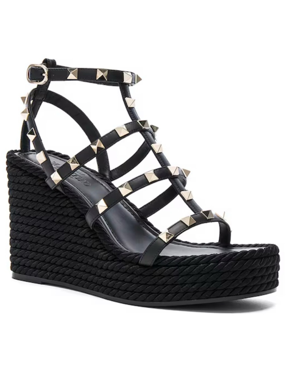 Valentino Garavani Black Studded Rope Wedge Sandals